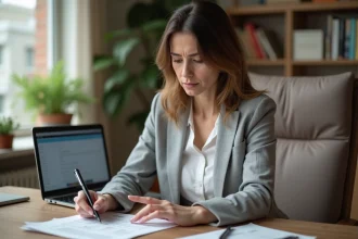 Femme vérifiant sa déclaration préremplie case 2BH à son bureau à domicile