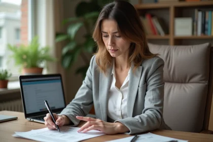 Femme vérifiant sa déclaration préremplie case 2BH à son bureau à domicile