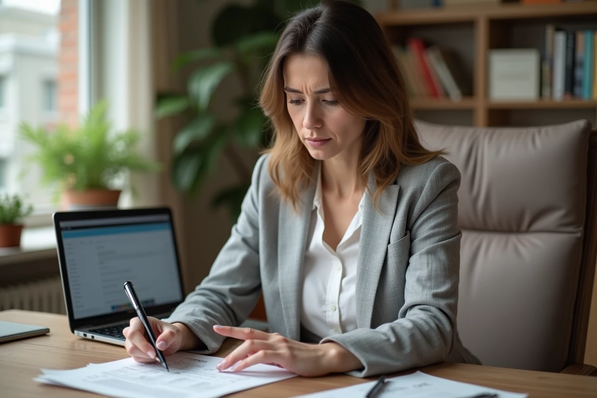 Femme vérifiant sa déclaration préremplie case 2BH à son bureau à domicile