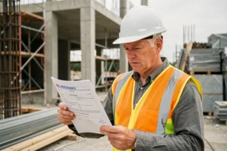 Professionnel du bâtiment vérifiant un certificat de garantie décennale sur un chantier de construction