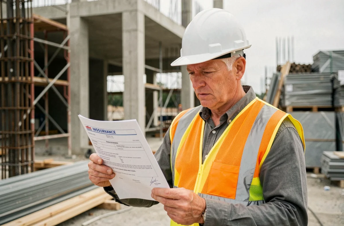 Professionnel du bâtiment vérifiant un certificat de garantie décennale sur un chantier de construction