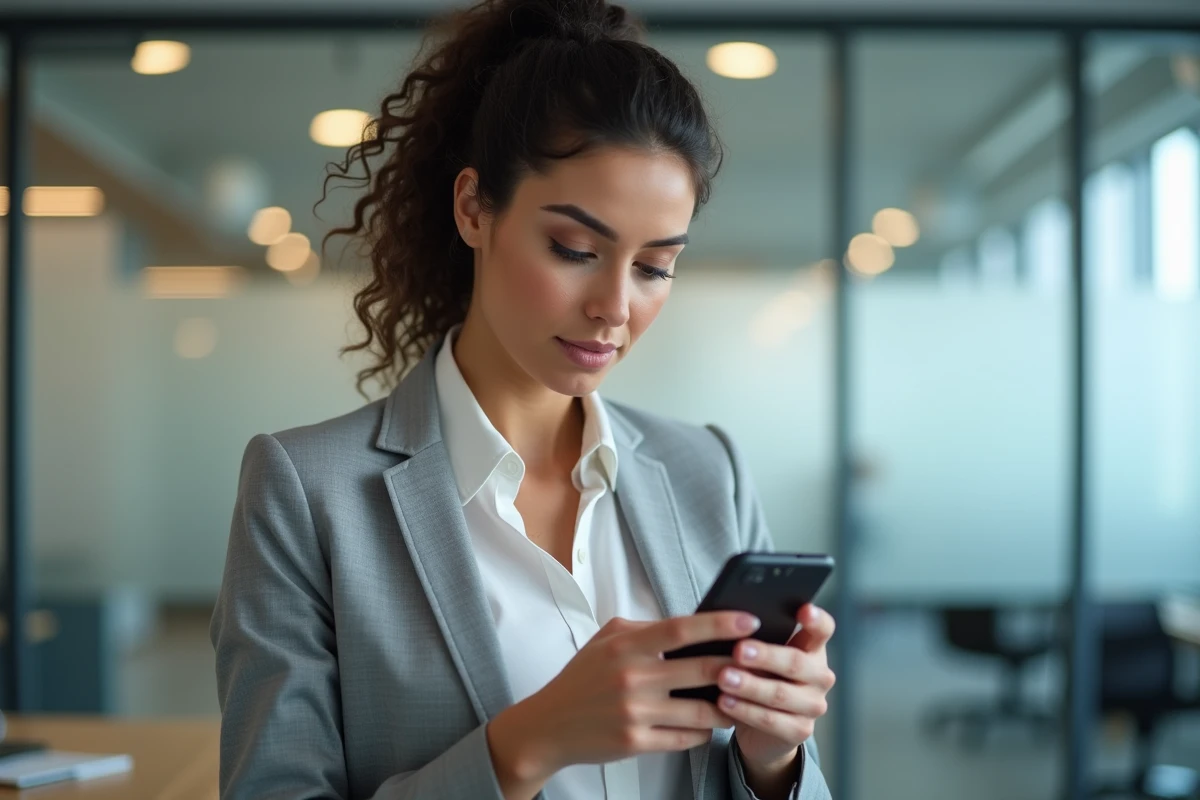 Femme vérifiant la sécurité de son compte bancaire sur son smartphone dans un environnement de bureau moderne